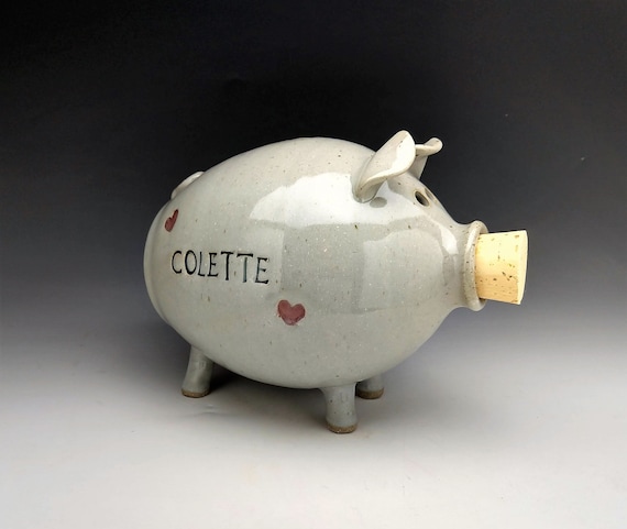 Large Ceramic Piggy Bank With Hearts Personalized Made to Order