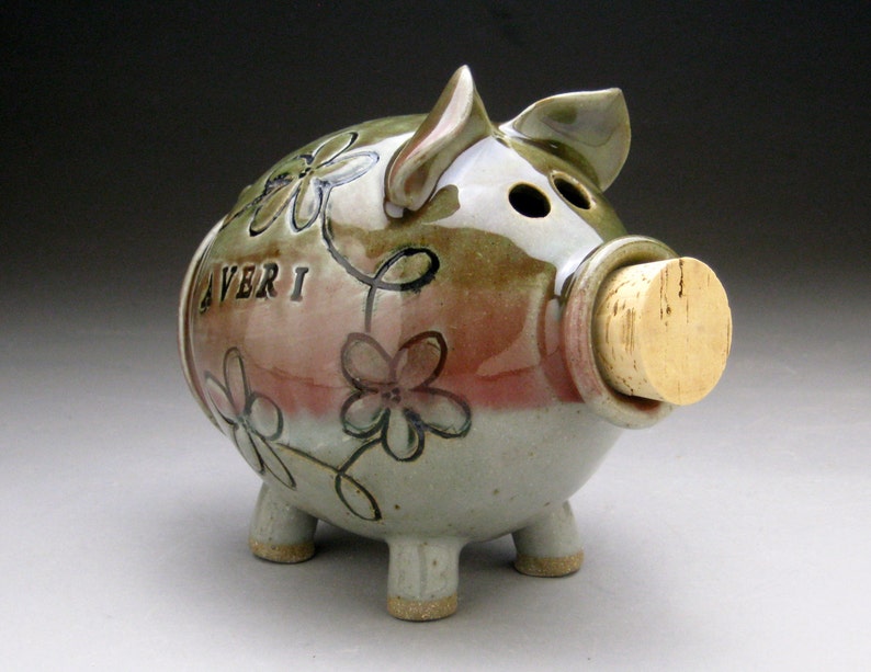 Personalized Piggy Bank with Whimsical Flowers Made to Order image 2