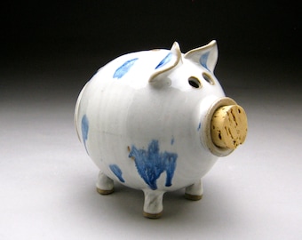 Handmade Piggy Bank White with Blue Spots - Made to Order