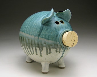 Large Ceramic Piggy Bank - Turquoise and White - Made to Order