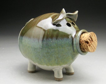 Ceramic Piggy Bank  in Green and White - Made to Order