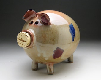 Large Ceramic Piggy Bank - Copper with Red and Blue Spots - Made to Order