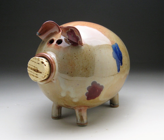 Großes Keramik-Sparschwein - Kupfer mit roten und blauen Punkten - auf Bestellung