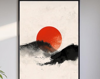Sumi ink painting Japanische Landschaft mit Bergen und Sonne als minimalistischer Kunst Druck und Zen Deko Bild für das Wohnzimmer Büro