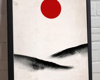 Japanse muurdecoratie met opkomende zon en bergen, uitgevoerd in Sumi-e-stijl, is een zen-decoratie voor de woonkamer, het kantoor, en is geschikt voor Feng Shui en meditatie.