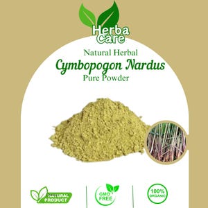 Pode incluir: Um monte de pó de Cymbopogon Nardus verde claro é exibido em um fundo branco. A imagem inclui o texto "Herba Care", "Natural Herbal", "Pure Powder" e "100% Organic". Uma pequena imagem mostra a planta.