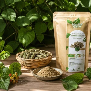 May include: A product shot of Herba Care natural herbal Lantana Camara capsules. The image shows a bag of capsules, a small bowl of powder, and a basket of capsules. Green leaves and flowers surround the products.