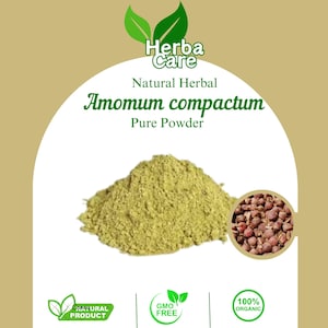 Könnte beinhalten: Ein Bild von einem Haufen hellgrünes Pulver, gekennzeichnet als "Amomum compactum Pure Powder", mit einem kleinen Ausschnitt von braunen Samen. Das Bild enthält auch den Text "Herba Care Natural Herbal" und Symbole für "Natural Product", "GMO Free" und "100% Organic".