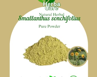 Puede incluir: Un montón de polvo verde claro, etiquetado como "Smallanthus sonchifolius Pure Powder", con una pequeña imagen insertada de flores amarillas. La imagen también incluye el texto "Herba Care", "Natural Herbal", "Natural Product", "GMO Free" y "100% Organic".