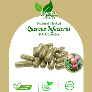 Könnte beinhalten: Ein Haufen von 100 grünen Kapseln mit der Aufschrift "Herba Care Natural Herbal Quercus Infectoria 100 Capsules". Das Bild zeigt auch ein grünes Blatt mit einer braunen Eichel.