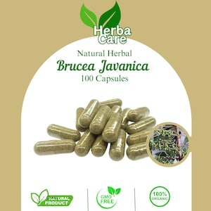 Pode incluir: Uma garrafa de 100 cápsulas de ervas naturais etiquetadas como "Brucea Javanica" com a marca "Herba Care". As cápsulas são verdes e brancas e estão dispostas em uma pilha. A imagem também inclui uma folha verde com pequenas bagas verdes.