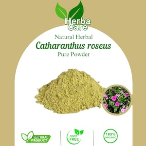May include: A mound of light green powder, labelled "Catharanthus roseus Pure Powder" with the "Herba Care" logo. The image includes a small inset of pink flowers and the text "Natural Product", "GMO Free", and "100% Organic".