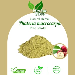 May include: A close-up of a pile of light green powder, identified as "Phaleria macrocarpa Pure Powder". The image also features the text "Herba Care Natural Herbal" and icons for "Natural Product", "GMO Free", and "100% Organic". A small inset shows the fruit.