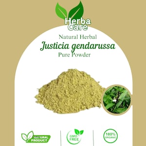 May include: A pile of light green Justicia gendarussa powder is displayed on a white background. The image includes text that reads "Herba Care", "Natural Herbal", "Justicia gendarussa Pure Powder", "Natural Product", "GMO Free", and "100% Organic".