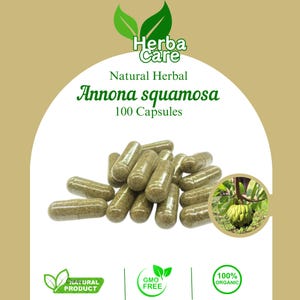 May include: A pile of green capsules, labeled "Annona squamosa 100 Capsules," with a small image of the fruit. The image also includes the text "Natural Product," "GMO Free," and "100% Organic."