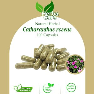 May include: A bottle of 100 natural herbal Catharanthus roseus capsules. The bottle is labeled with the brand name "Herba Care" and the words "Natural Herbal" and "100 Capsules". The bottle is surrounded by green leaves and a pink flower.