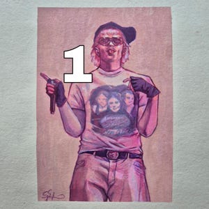 Peut inclure: Illustration rose et violette d'une personne portant un t-shirt blanc avec un graphisme de groupe, des gants noirs et un chapeau noir. La personne tire la langue et montre du doigt. Le chiffre "1" est en haut à gauche.