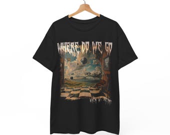 Traumlandschaft surreales Grafik-T-Shirt, psychedelisches Trippy-Kunst-Shirt, alternative Mode, Schach karierter Boden, Fantasiewelt, Depression