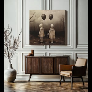 Canvas Print, Surreal Gothic Art, Creepy Doll Twins, Haunted Forest, Dark Aesthetic Wall Decor, Spooky Horror Gift, Matte Stretched canvas