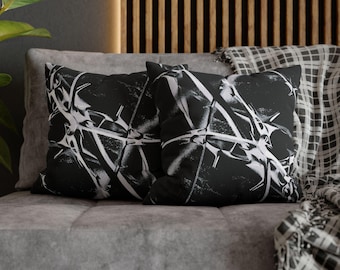 Punk Pillowcase, black and white, Goth Home Decor, Metal, Alternative Abstract Art, Barbed Wire Square Pillow Cover, Razor Wire Cushion Case