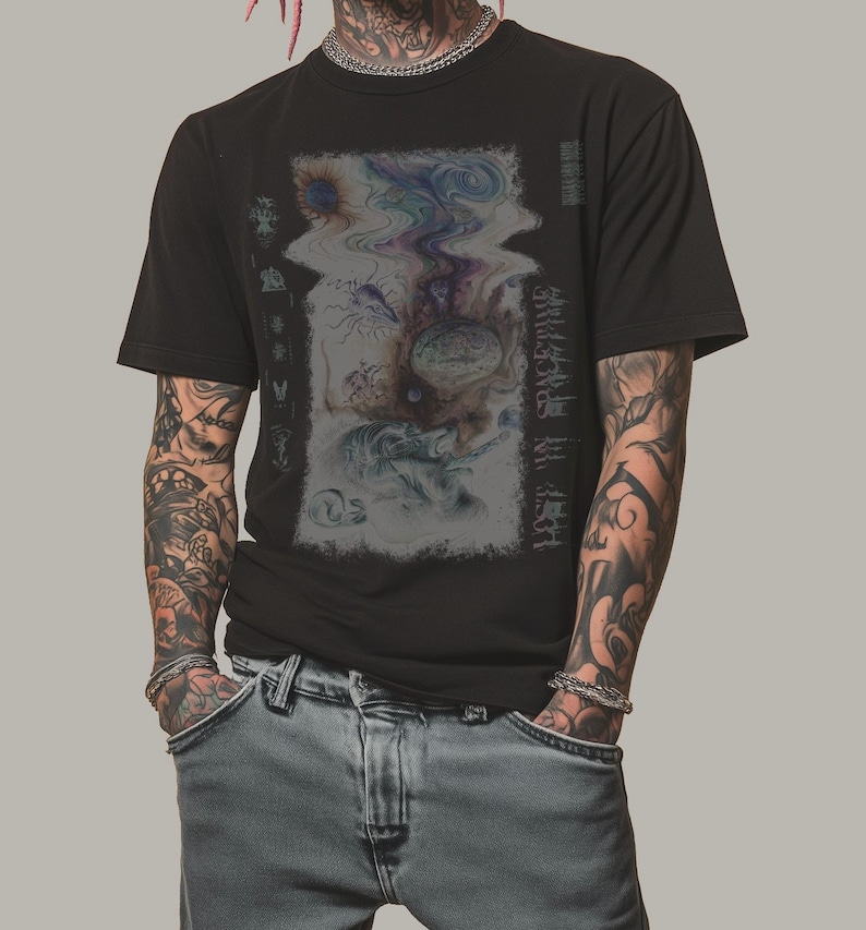Inverted Surrealist Tee, Psychedelic Unisex Shirt, Lost in Spacetime Graphic Tshirt, Alternative Tee, Dreams are Real Barcode Top, wavy look image 3