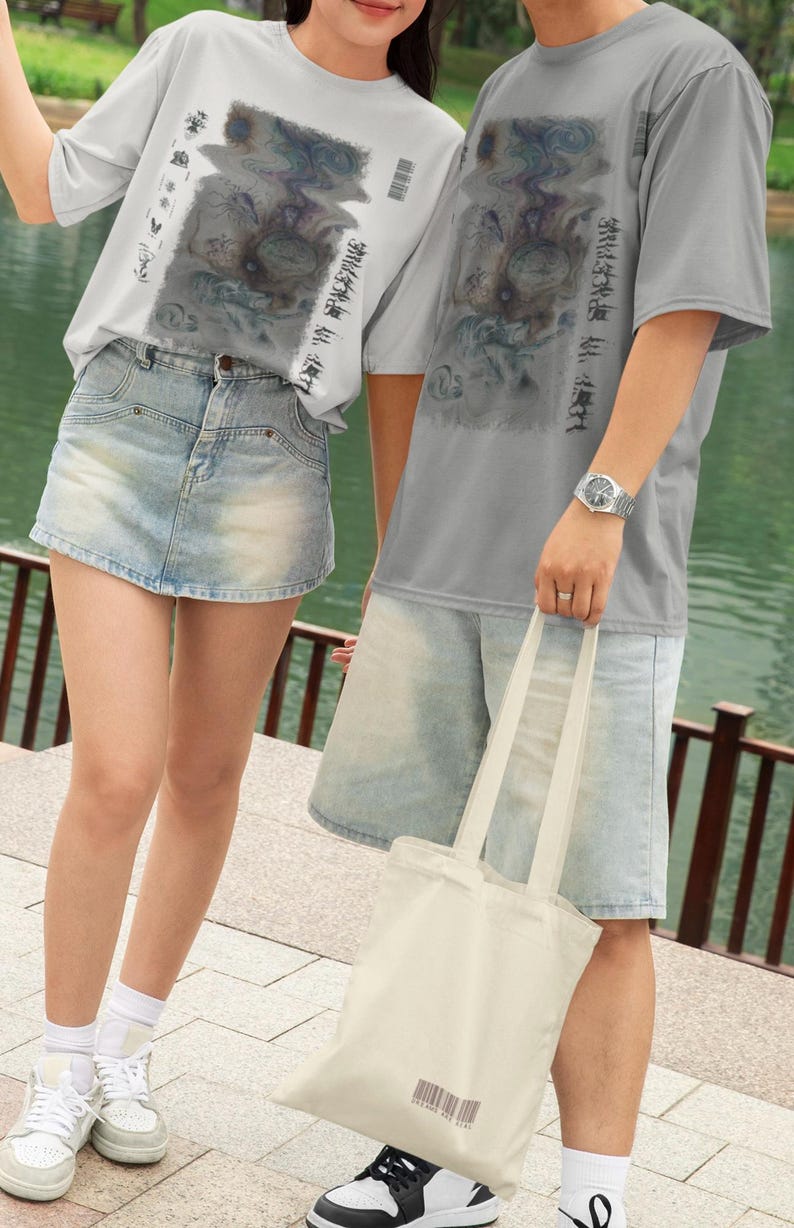 Inverted Surrealist Tee, Psychedelic Unisex Shirt, Lost in Spacetime Graphic Tshirt, Alternative Tee, Dreams are Real Barcode Top, wavy look image 4