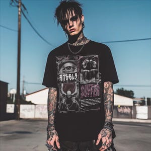 Brutalisme, t-shirt graphique anges grunge alternatif moderne, texte japonais, art sombre, chemise streetwear metalcore heavy metal, unisexe