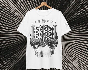 Spiritual Alternative witchy Psychedelic Moon Phases Unisex Tee, Flower of Life sacred Geometry, Snake, Crystals, Astrological, Tattoo Style