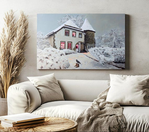 Snow Winter Landscape oil painting, cozy Wall decor, winter house painting, wall art, snowy artwork, original artwork, winter wonderland