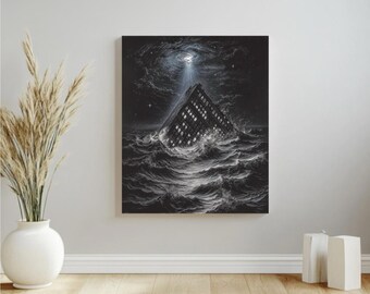 May include: A black and white art print depicting a pyramid-shaped structure emerging from turbulent waves under a moonlit sky. The structure has lit windows, suggesting a building. The artwork evokes a sense of mystery and the unknown.