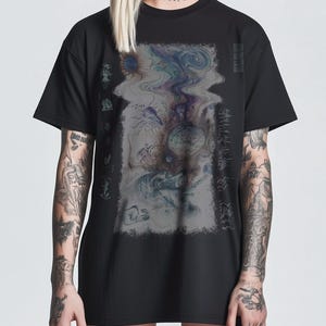 Inverted Surrealist Tee, Psychedelic Unisex Shirt, Lost in Spacetime Graphic Tshirt, Alternative Tee, Dreams are Real Barcode Top, wavy look image 1