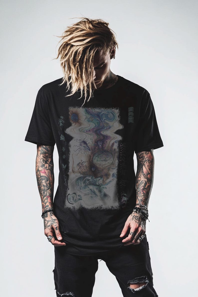 Inverted Surrealist Tee, Psychedelic Unisex Shirt, Lost in Spacetime Graphic Tshirt, Alternative Tee, Dreams are Real Barcode Top, wavy look image 7