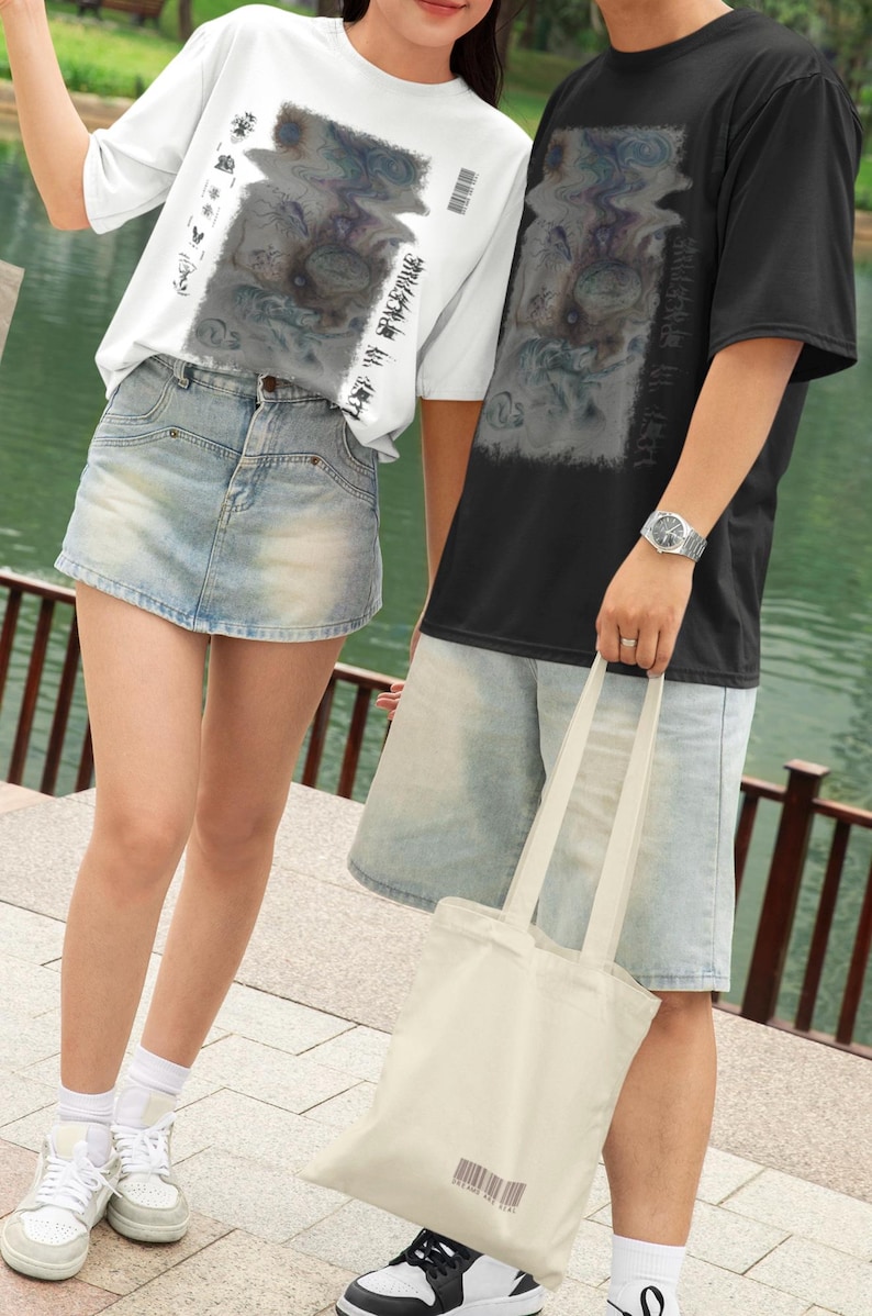 Inverted Surrealist Tee, Psychedelic Unisex Shirt, Lost in Spacetime Graphic Tshirt, Alternative Tee, Dreams are Real Barcode Top, wavy look image 6