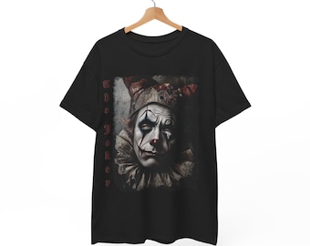 Ciemnoczerwona koszulka Gothic Joker, koszulka z grafiką Sad Jester, grunge unisex heavy cotton top, alternatywne ciemne ubrania, odzież emo, metalcore