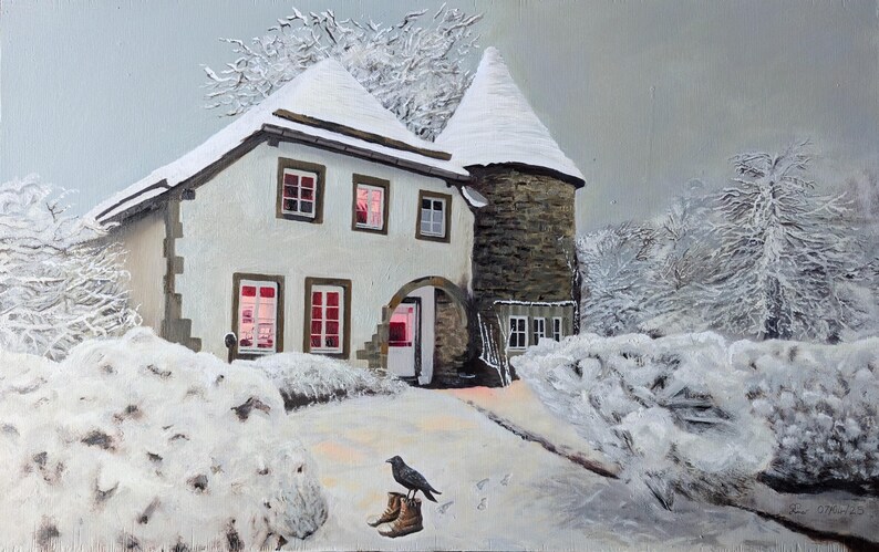 May include: A white, snow-covered house with a stone tower and red-framed windows. The house is surrounded by snow-covered trees and bushes. A small bird is perched on a rock in the foreground.