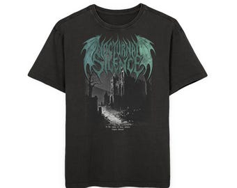 Camiseta com estampa de castelo noturno e efeito lavado com ácido | Camiseta de ruínas góticas | Camiseta alternativa grunge metalcore | Roupa streetwear com estética dark