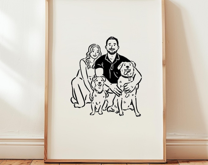 Digital Custom Family Couple Portrait From Photo, Minimalist Line Art Drawing, Cute Personalized Dog Lover Gift, Custom Anniversary Gift