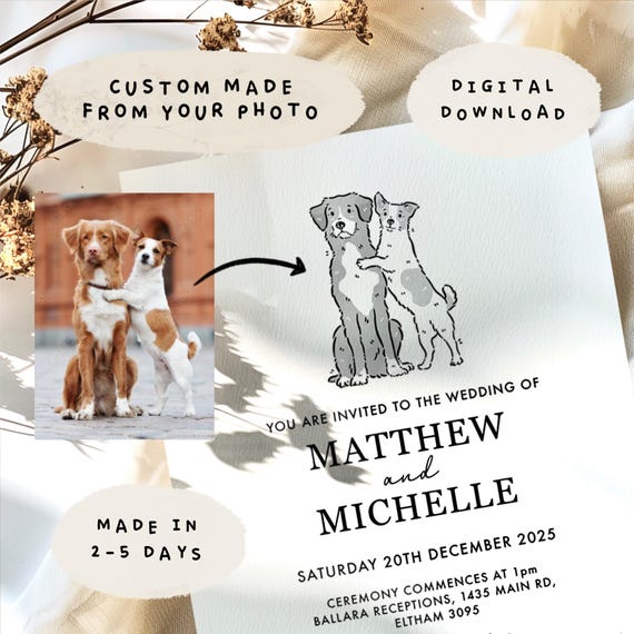Custom Dog Wedding Invitation Minimalist Illustration, Pet Dog