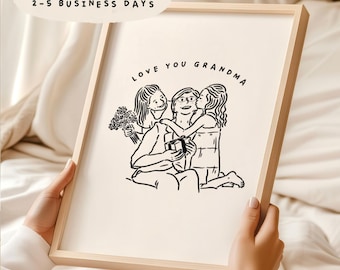 Custom Family Portrait For Mum Grandma Gift, Hand Drawn Grandmother Illustration, Personalized Mothers Day Gift Art Portrait from Photo