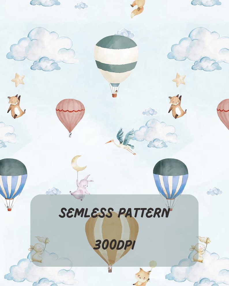 Watercolor Hot Air Balloon Nursery Pattern, Seamless Baby Art (Digital ...