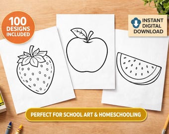 Obst Malseiten für Kinder, 100 druckbare Obst Skizzen (Digitaler Download)