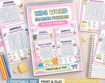 Kinder Puzzle Buch Printable | Wortsuchlauf Arbeitsblätter | 10 Themen mit Lösungen | Lernaktivität für zu Hause