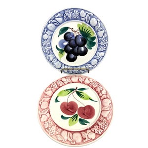 Italian Majolica Fruit Motif Plates 8&quot; Set Of 2 Hand-Painted Salad Plate Decor