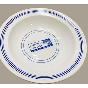 LG Pottery Barn Serving Bowl Blue White Stripe 13" "Catch Of The Day" Maadison WI