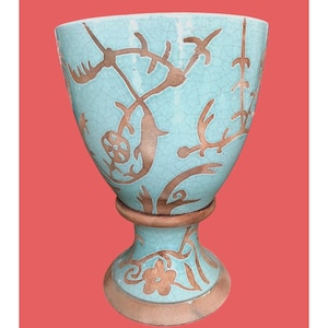 Sgraffito Pottery Vase Planter 10" Tall Turquoise Aqua Terracotta Floral Design Rare