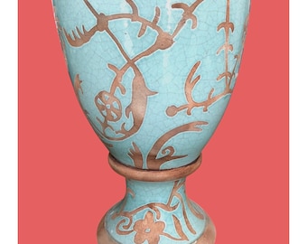 Sgraffito Pottery Vase Planter 10" Tall Turquoise Aqua Terracotta Floral Design Rare