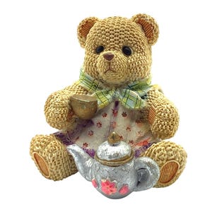 Vintage Resin Teddy Bear Figurine With Teacup & Teapot