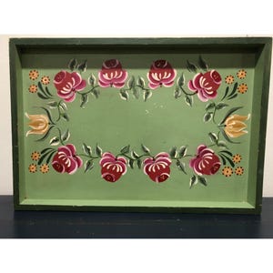Wood Serving Tray Vintage Hand-Painted Floral Green Red Pink Home Decor Distressed