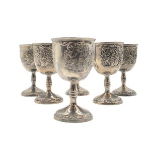 Vintage Ornate Silver-Plated Shot Glass Goblets Set Of 6 Grapevine Design Bar