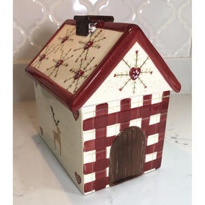 Cookie Jar Canister House Ceramic Reindeer & Hearts Design Hand-Painted Burgundy
